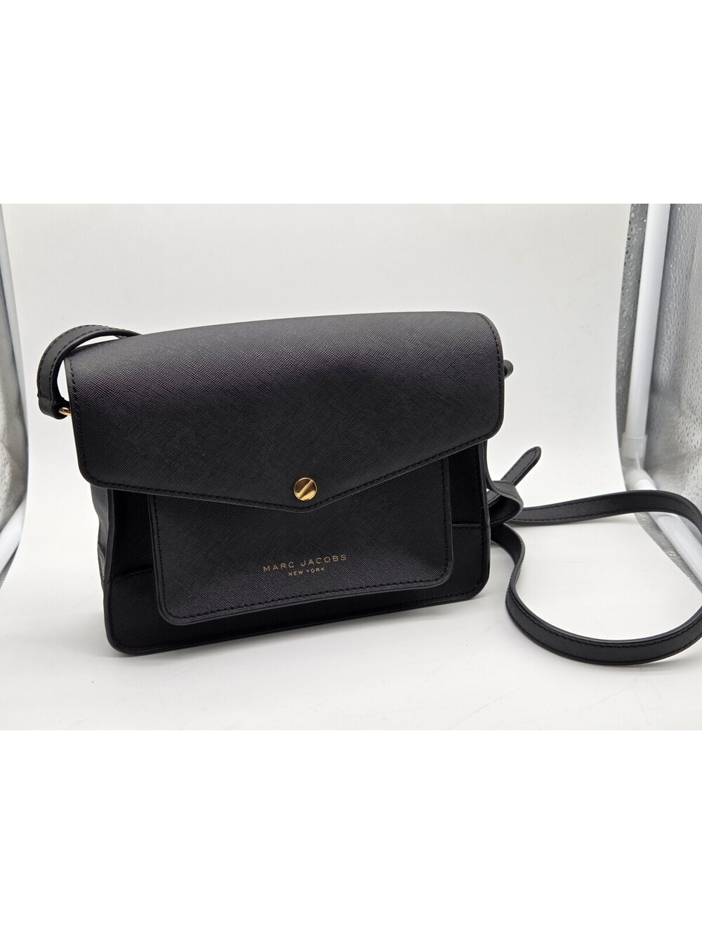 Marc Jacobs Black Saffiano Leather Crossbody Bag Gold Hardware Purse